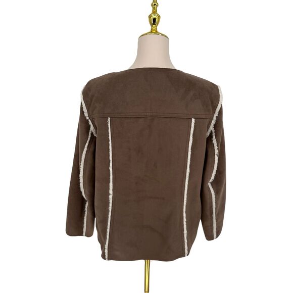 J. Jill Faux Suede Coat Jacket Medium PETITE Brown Shearling Trim Pockets READ - Picture 9 of 16